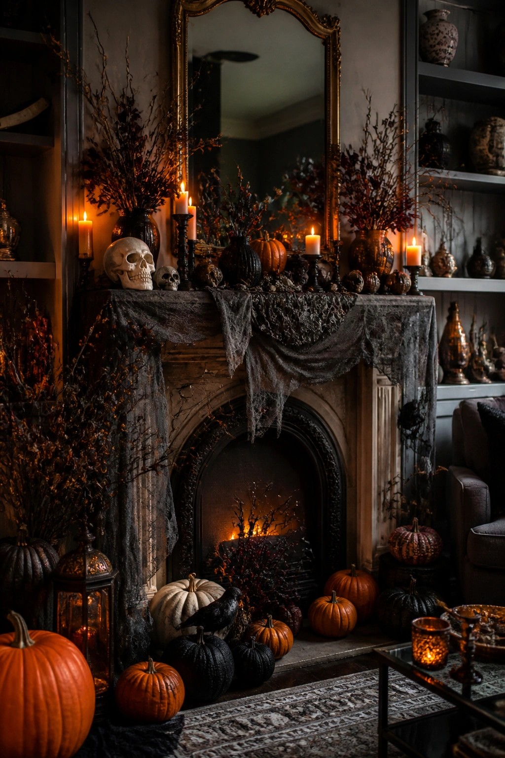 Fireplace mantel styled with skulls, lit candles, and dark fabric for Halloween.