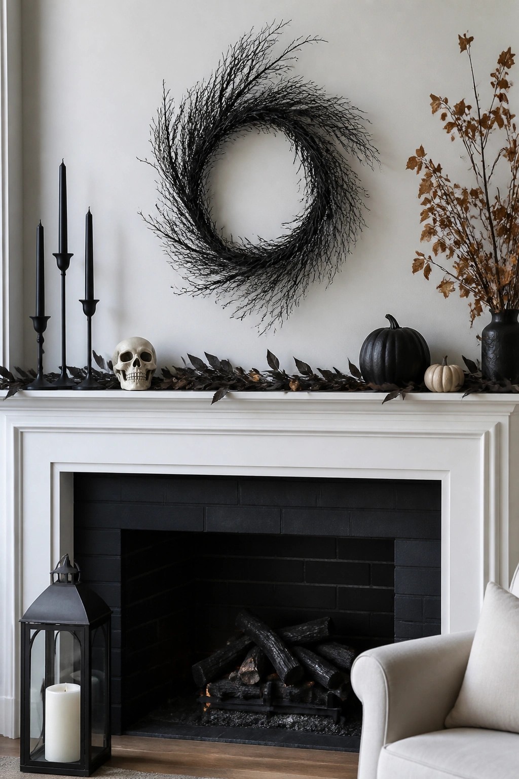 White fireplace with black wreath, skull, pumpkins, candles, and floor lantern.