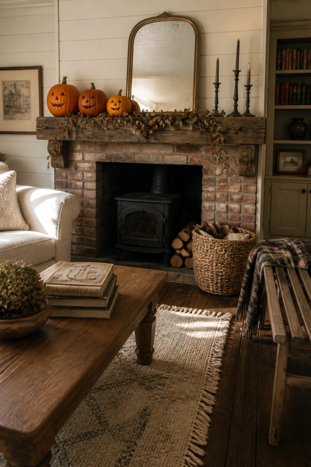 A brick fireplace with a rustic wooden mantel holding several carved pumpkins and a garland of dried leaves, along with candlesticks on the right side.