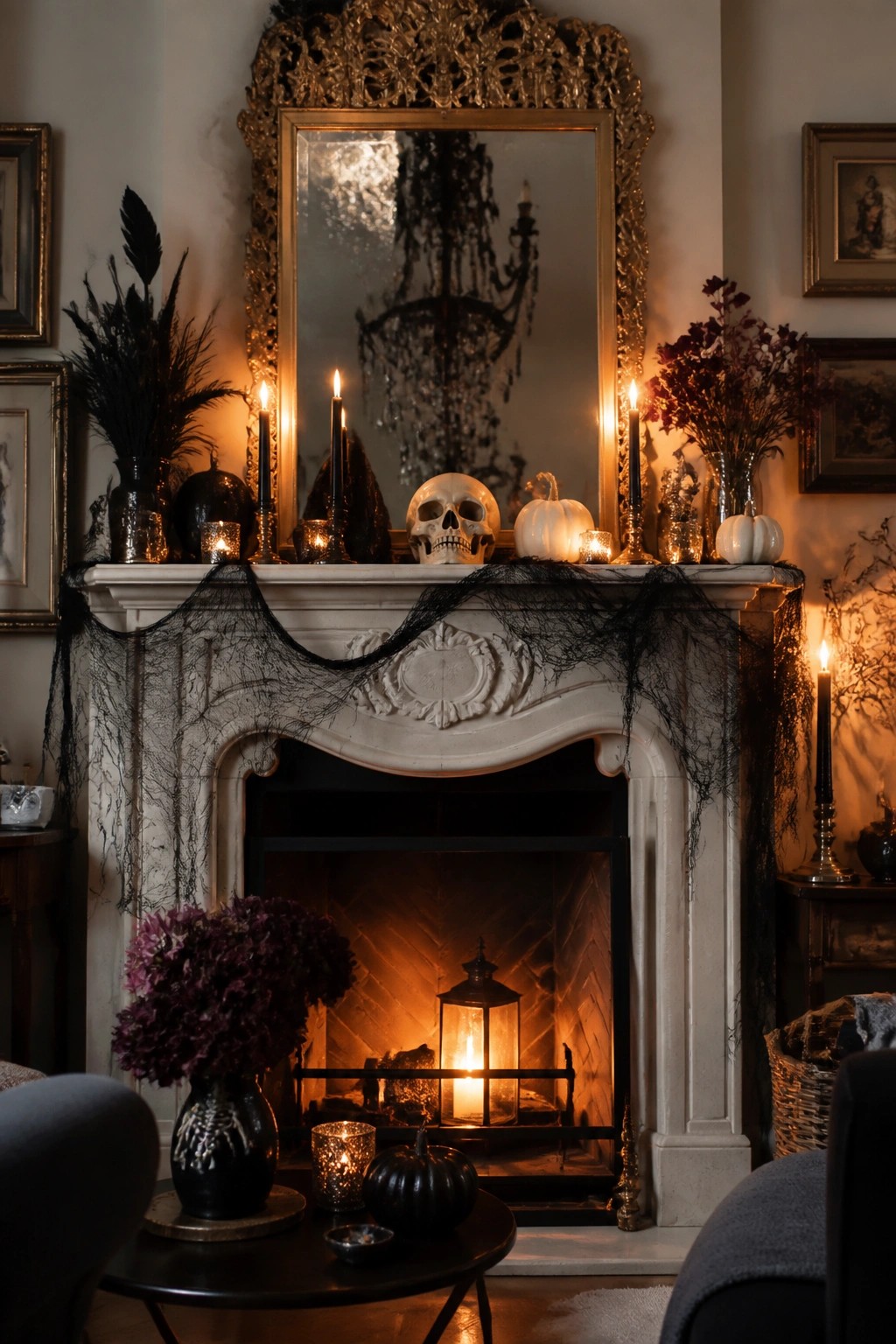 White fireplace mantel decorated with a central skull, black candles, small pumpkins, and black webbing draped across the front.