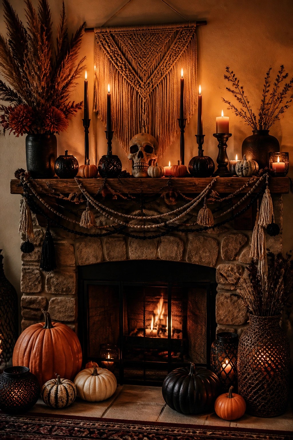 Stone fireplace with skull, black candles, pumpkins, macrame, and autumn decor.