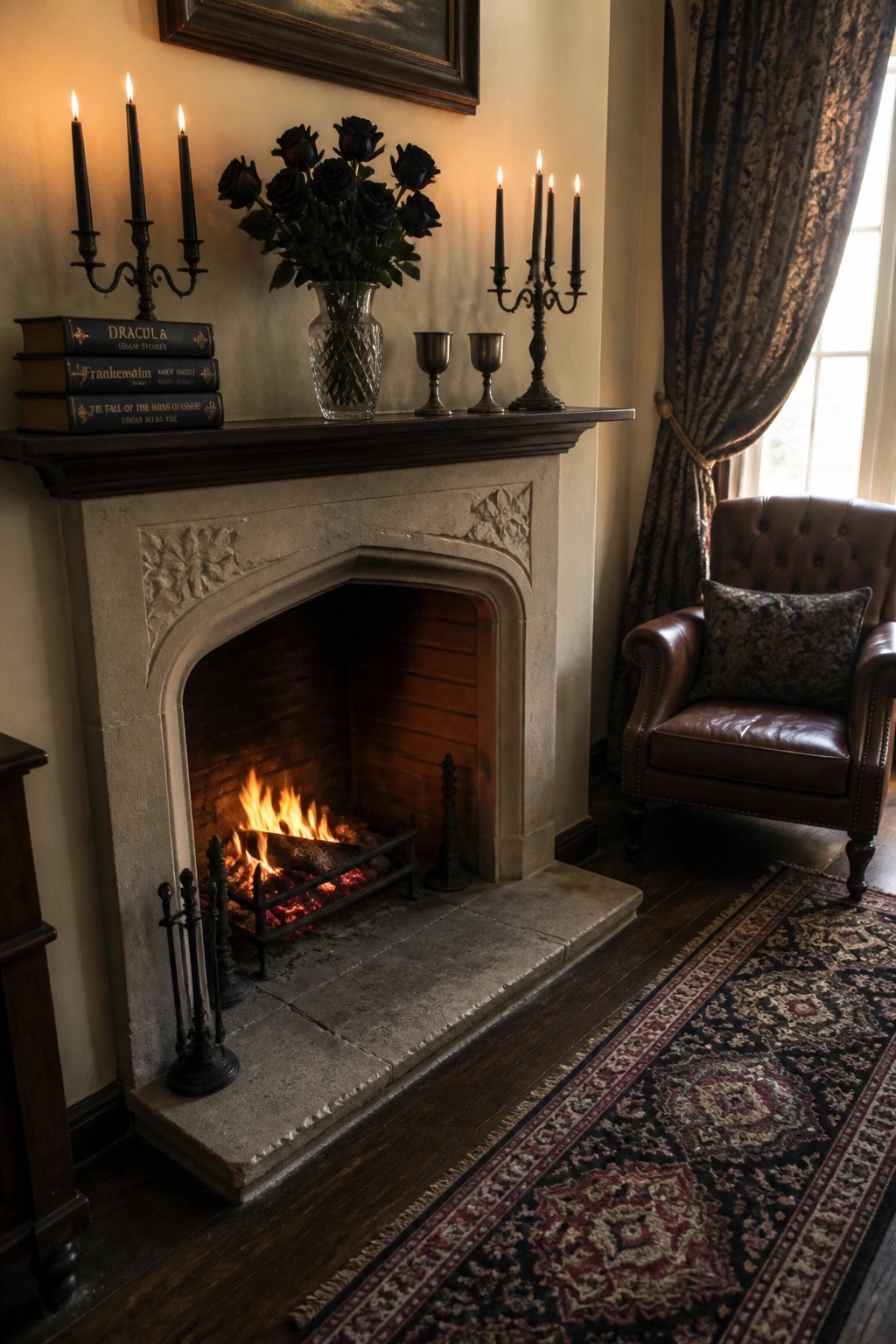 A stone fireplace with a dark wood mantel holding black roses in a glass vase, candelabras with lit candles, and a stack of classic books.