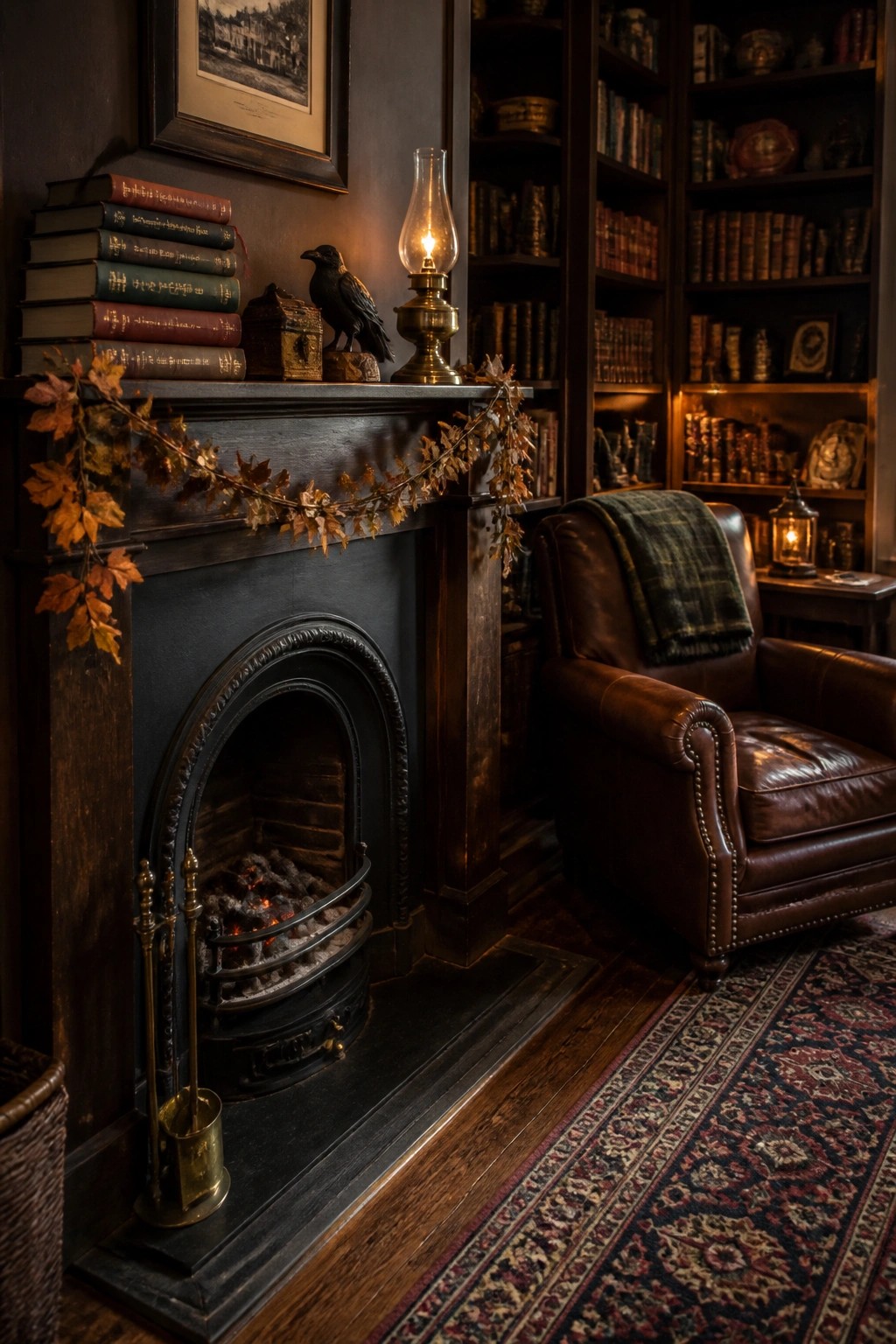 A dark fireplace with a garland of autumn leaves draped across the mantel, books stacked on one side, a small raven statue, and an oil lamp.