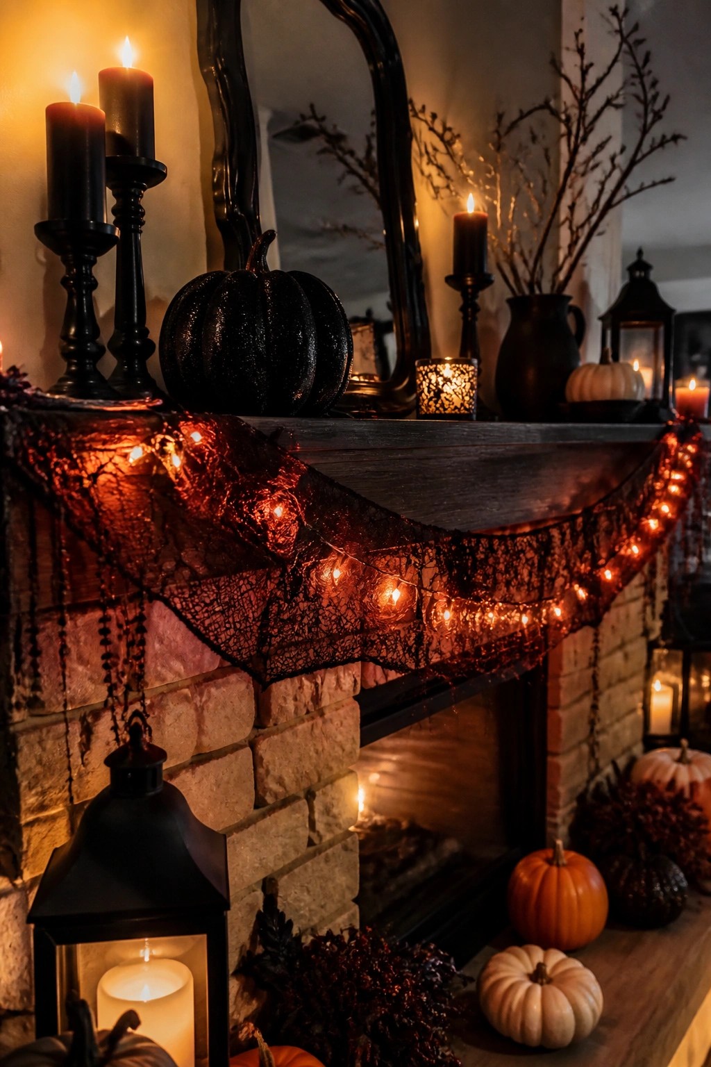 A brick fireplace mantel decorated with a black lace spiderweb, glowing string lights, a black glitter pumpkin, and several black candles.
