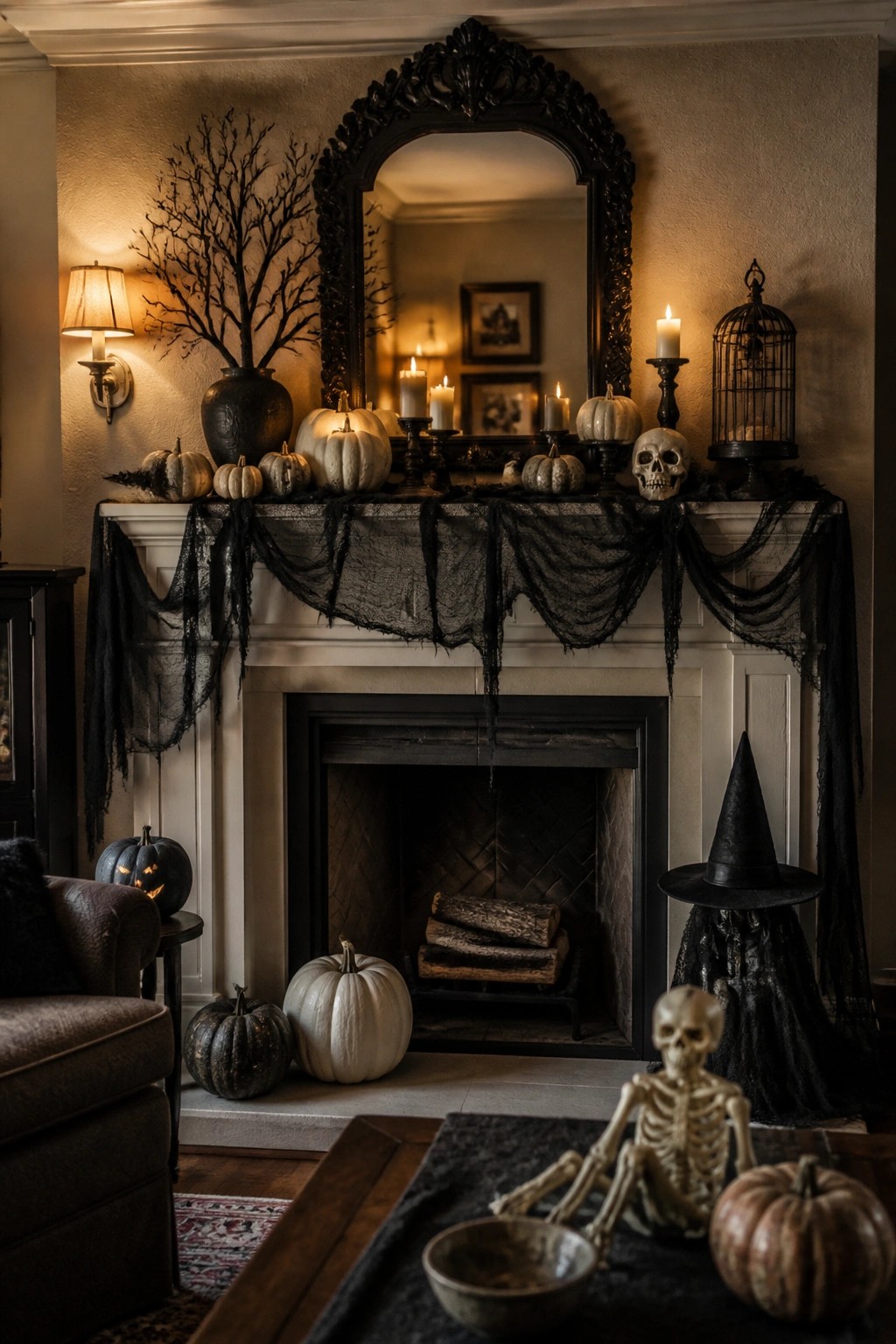 Halloween fireplace mantel with white pumpkins, skulls, candles, black lace, and skeleton in witch hat