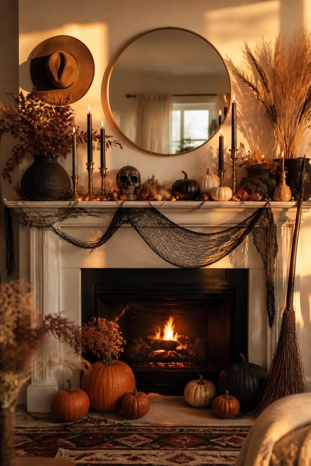 White fireplace mantel with black netting draped across it, a skull, black candles, and pumpkins arranged on top.