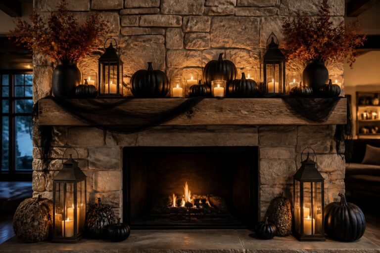 22 Halloween Mantle Decor Ideas That Make the Fireplace Pop Stone fireplace with wooden mantel holding a leaf garland, black pumpkins, and candles, and black bat cutouts arranged around a round mirror on the wall above.