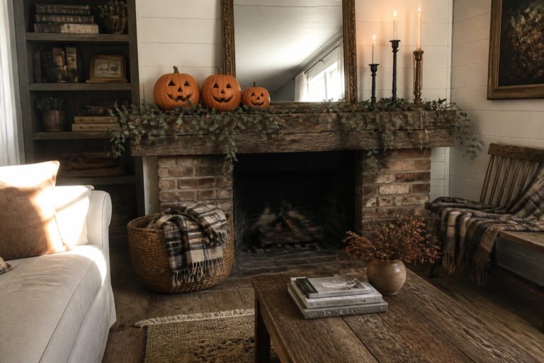 A brick fireplace with a rustic wooden mantel holding several carved pumpkins and a garland of dried leaves, along with candlesticks on the right side.