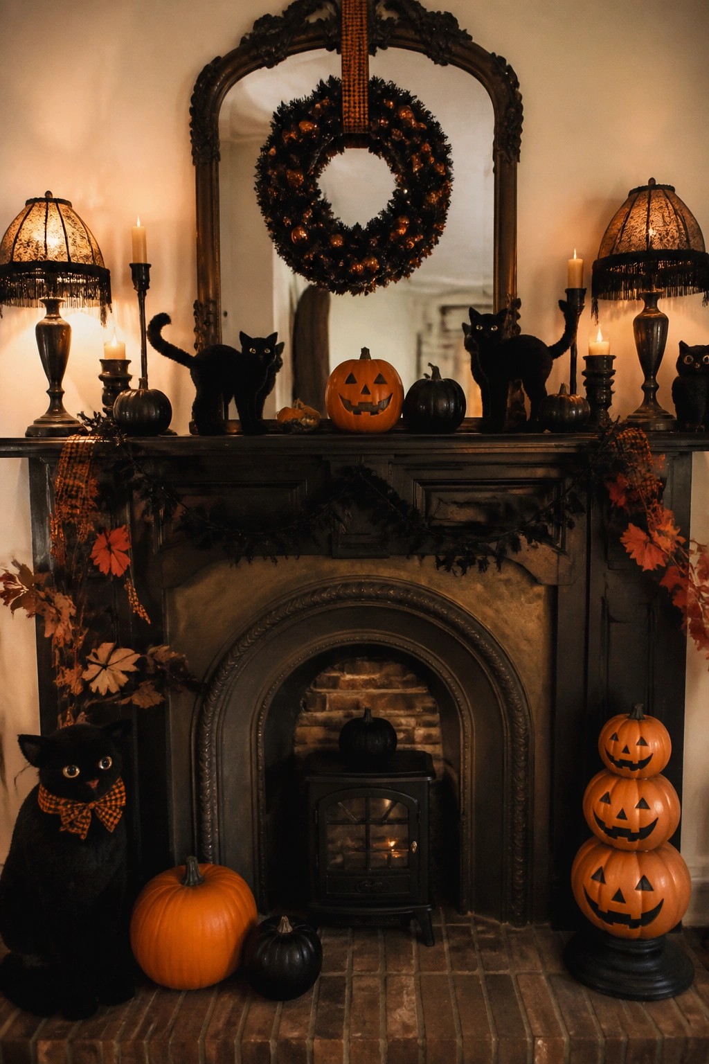 A black fireplace mantel decorated with black cat figures, carved jack o lanterns, small pumpkins, and a black wreath above the opening.