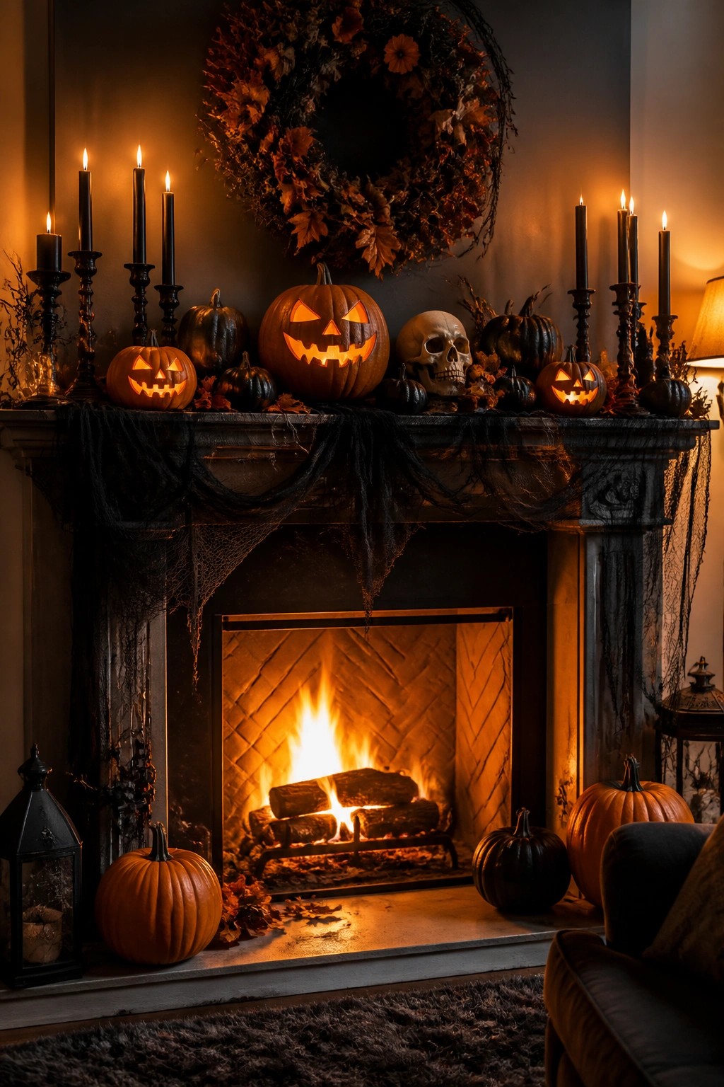 A dark stone fireplace mantel decorated with multiple carved jack o lanterns, a skull, black candles, and black spiderweb netting.