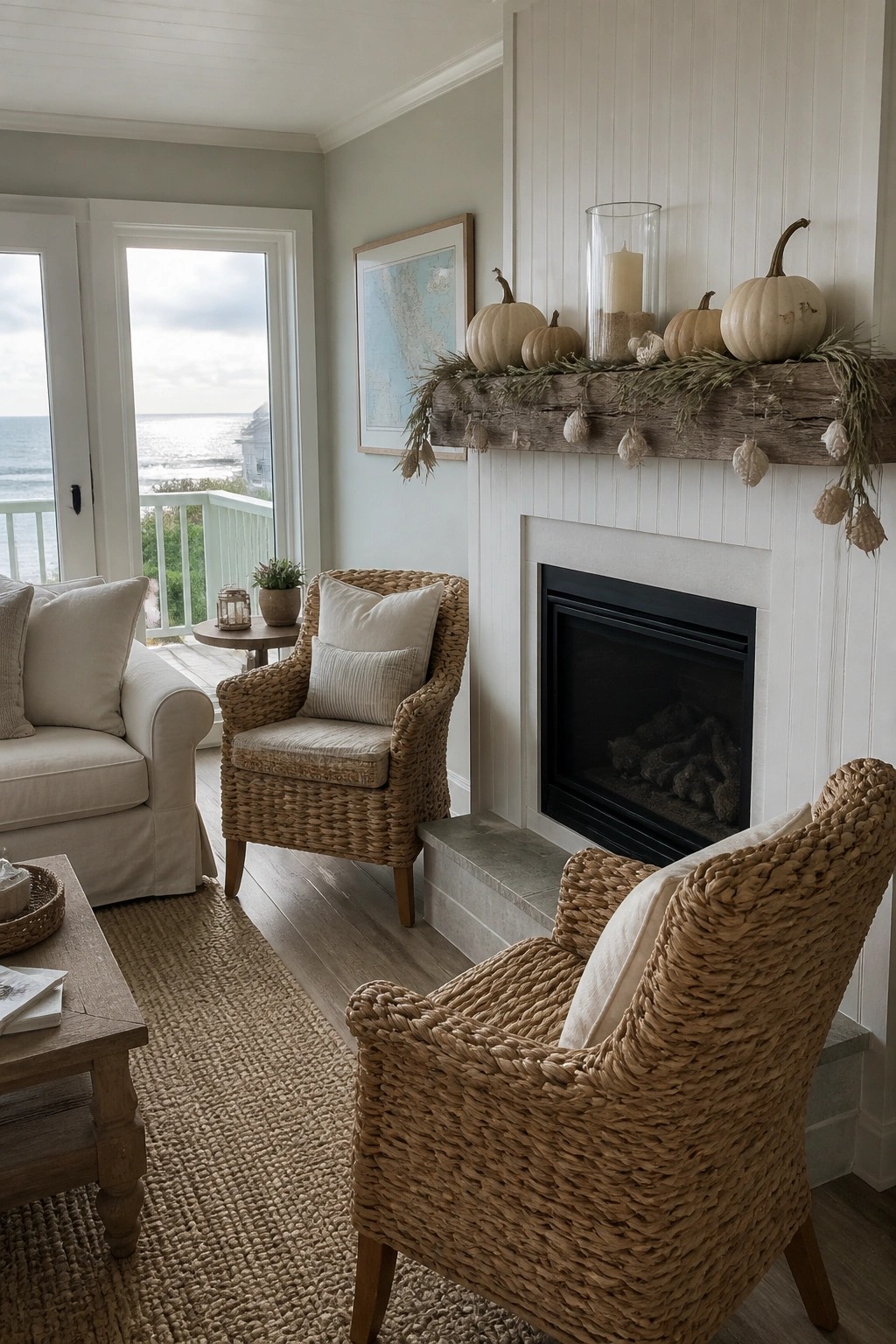 Coastal living room with woven armchairs, pumpkin-adorned fireplace mantel, and ocean view.