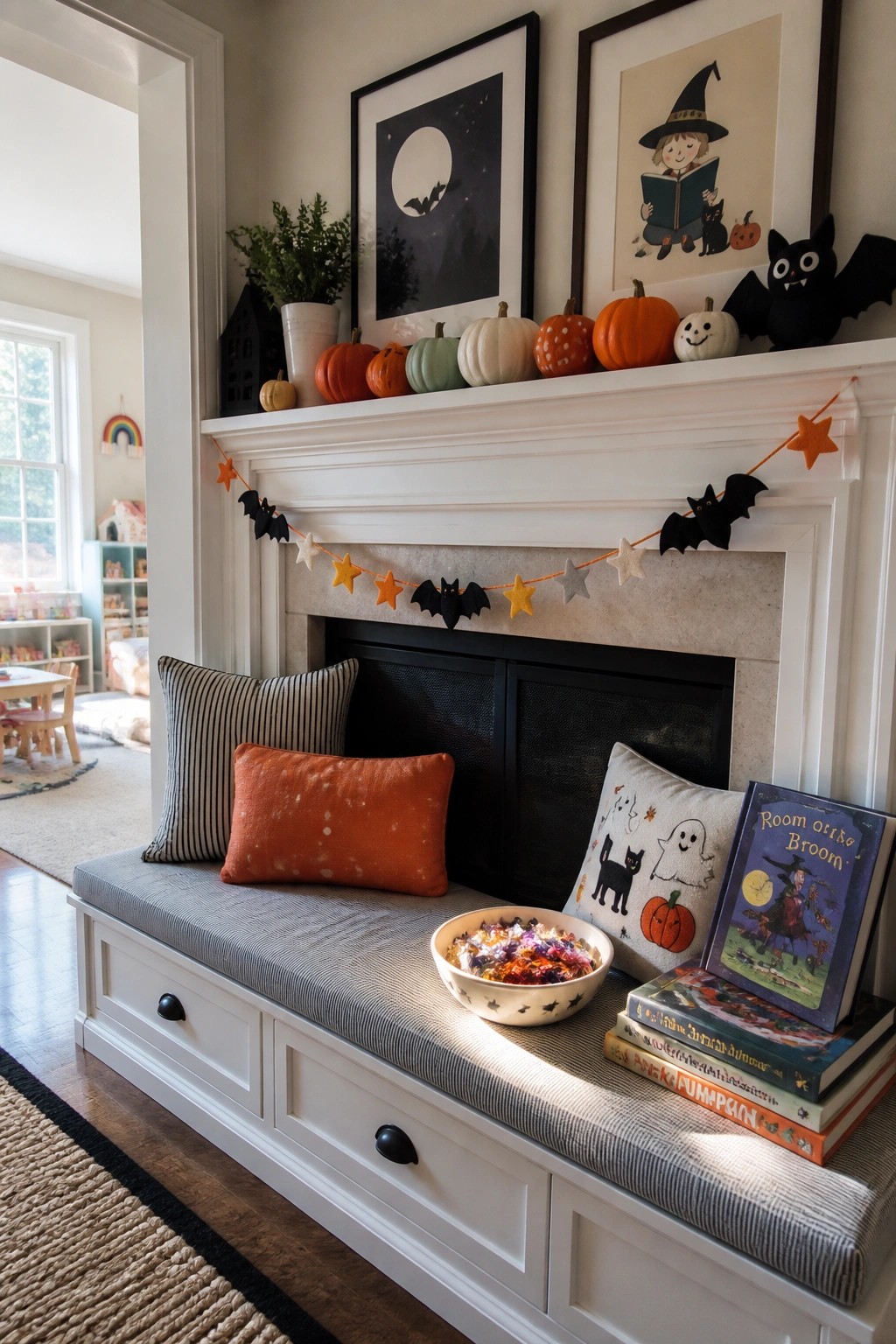 A white fireplace mantel with an orange garland strung with black bats and stars, small pumpkins along the top ledge, framed prints above, and a cushioned bench below with pillows and books.