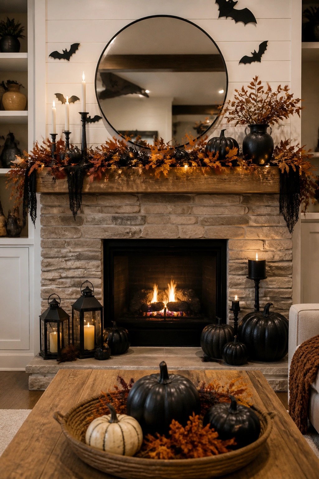 Stone fireplace with wooden mantel holding a leaf garland, black pumpkins, and candles, and black bat cutouts arranged around a round mirror on the wall above.