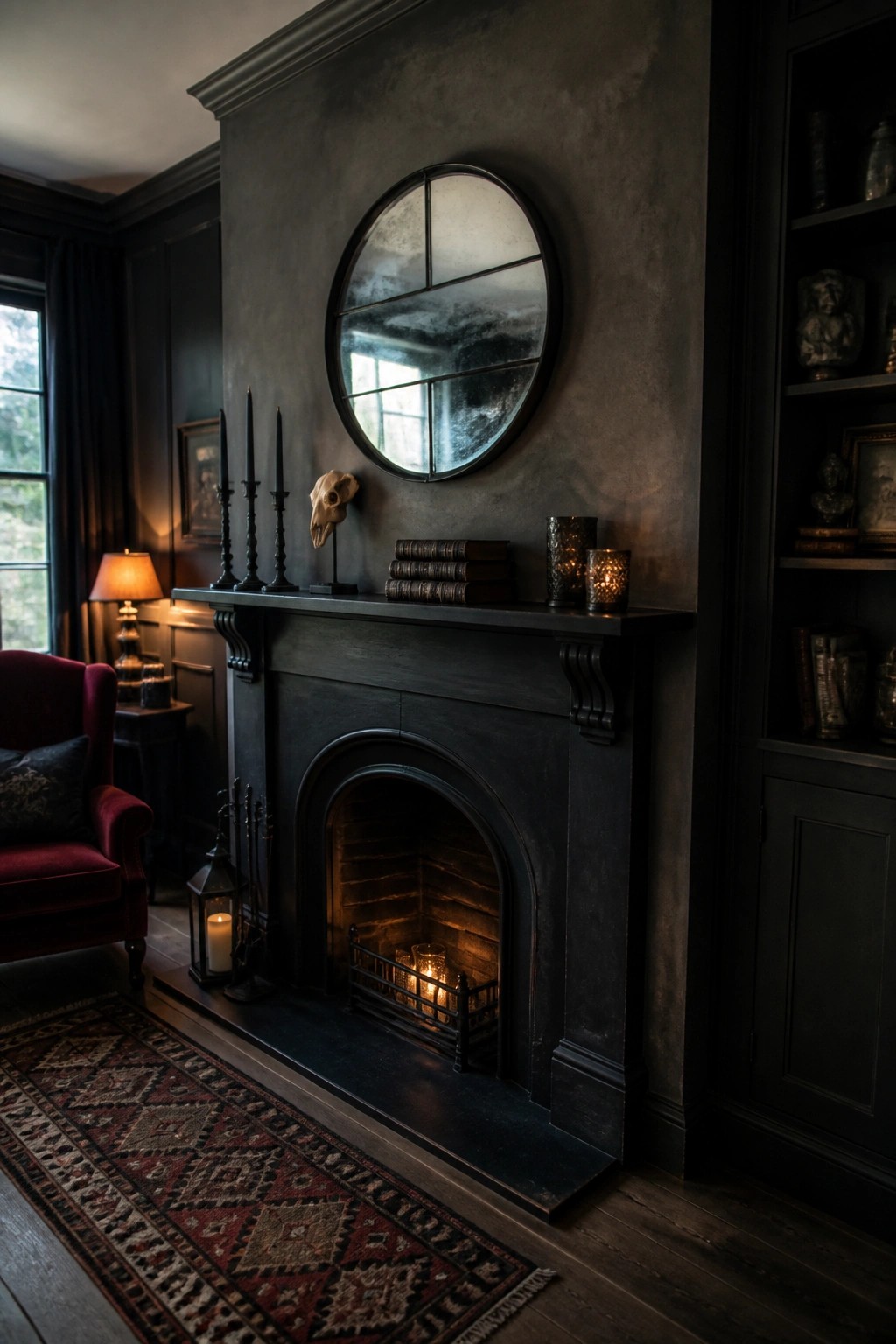 A black fireplace mantel holds black candles, a small animal skull, stacked books, and two glass candle holders, with a round segmented mirror above and a lit fire in the hearth.