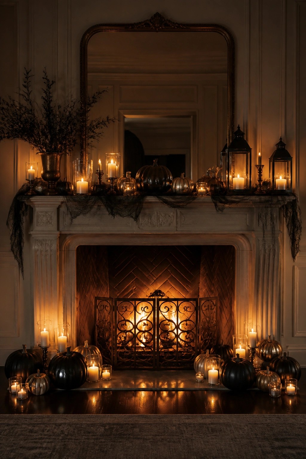 Ornate fireplace mantel with black pumpkins, candles, lanterns and burning fire below mirror