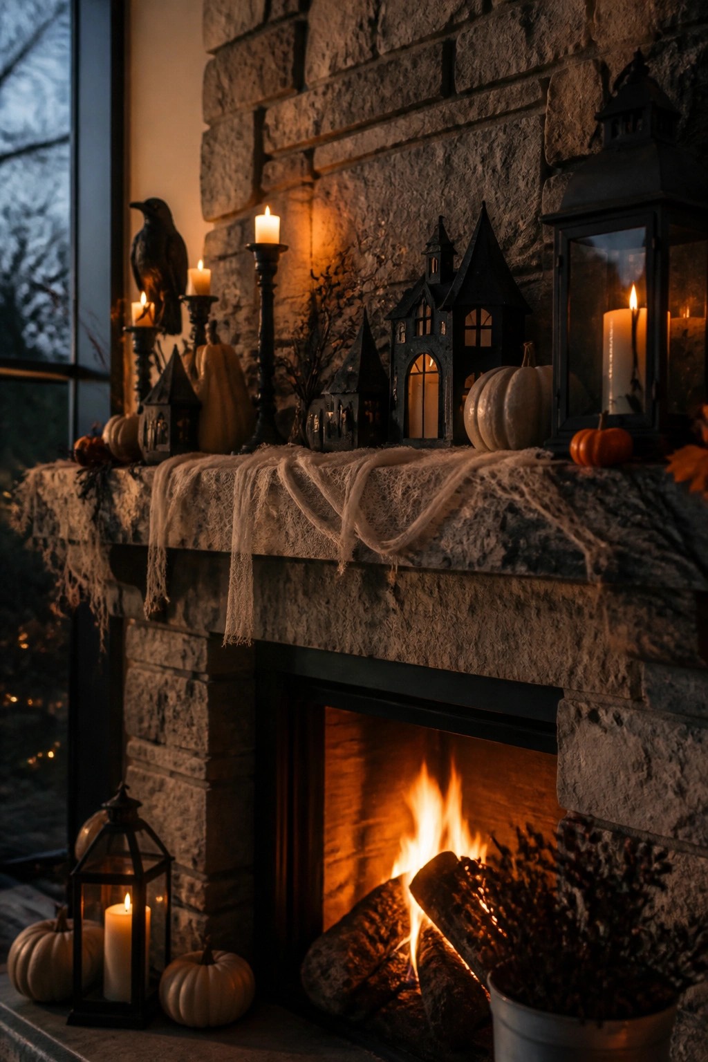 Stone fireplace mantel styled with black gothic house lanterns, lit candles, white pumpkins, a crow statue, and a gauze runner for Halloween.