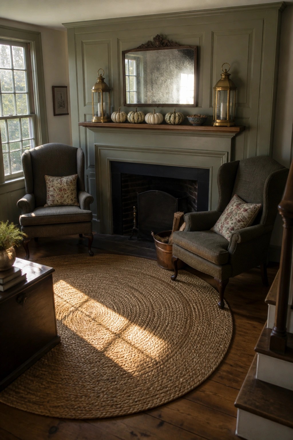 A living room fireplace mantel decorated with small pumpkins, gourds, brass lanterns, and a mirror above a dark fireplace opening.