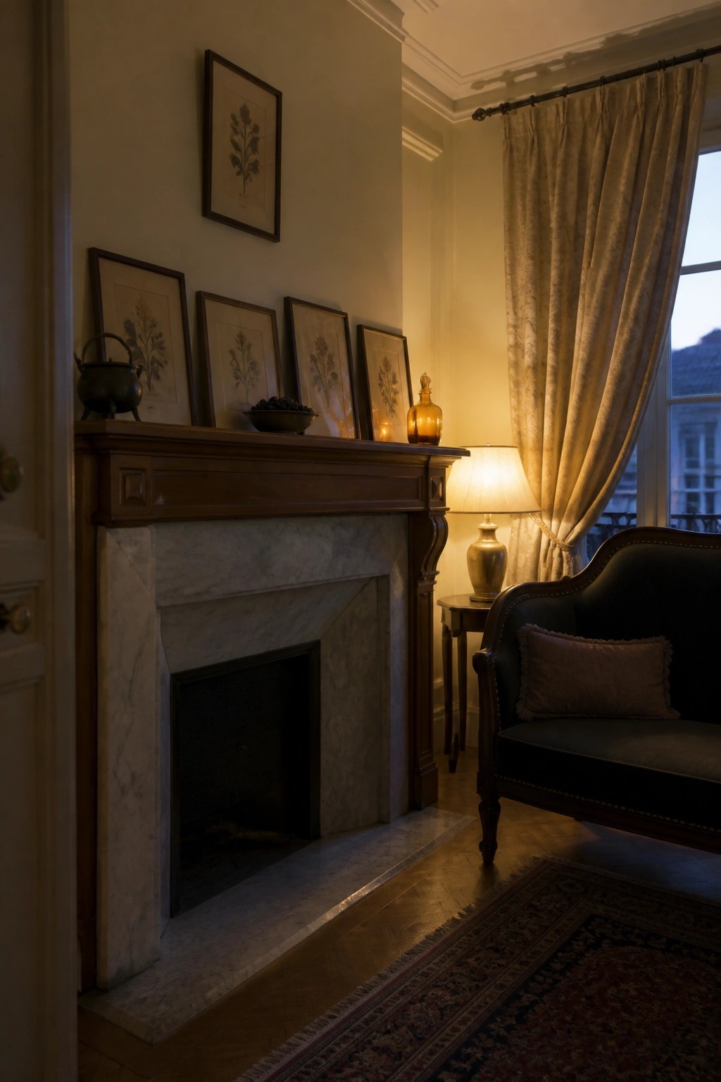 A wooden mantel with marble surround displays a row of five framed botanical prints above the fireplace along with a few small objects on the shelf.