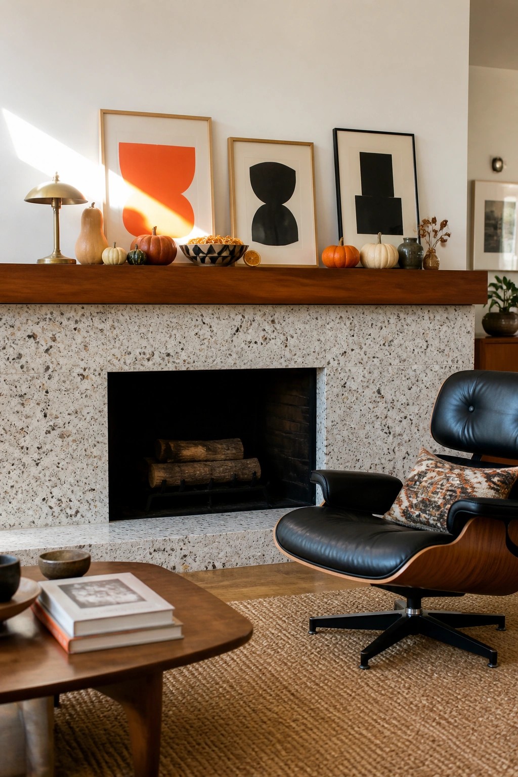 A living room fireplace with a wooden mantel holding pumpkins, gourds, and framed art above a terrazzo surround, next to a black leather lounge chair.