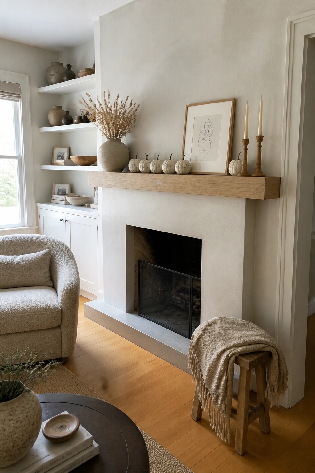 Cozy neutral living room with white fireplace, oak mantel, white pumpkins, and beige armchair.