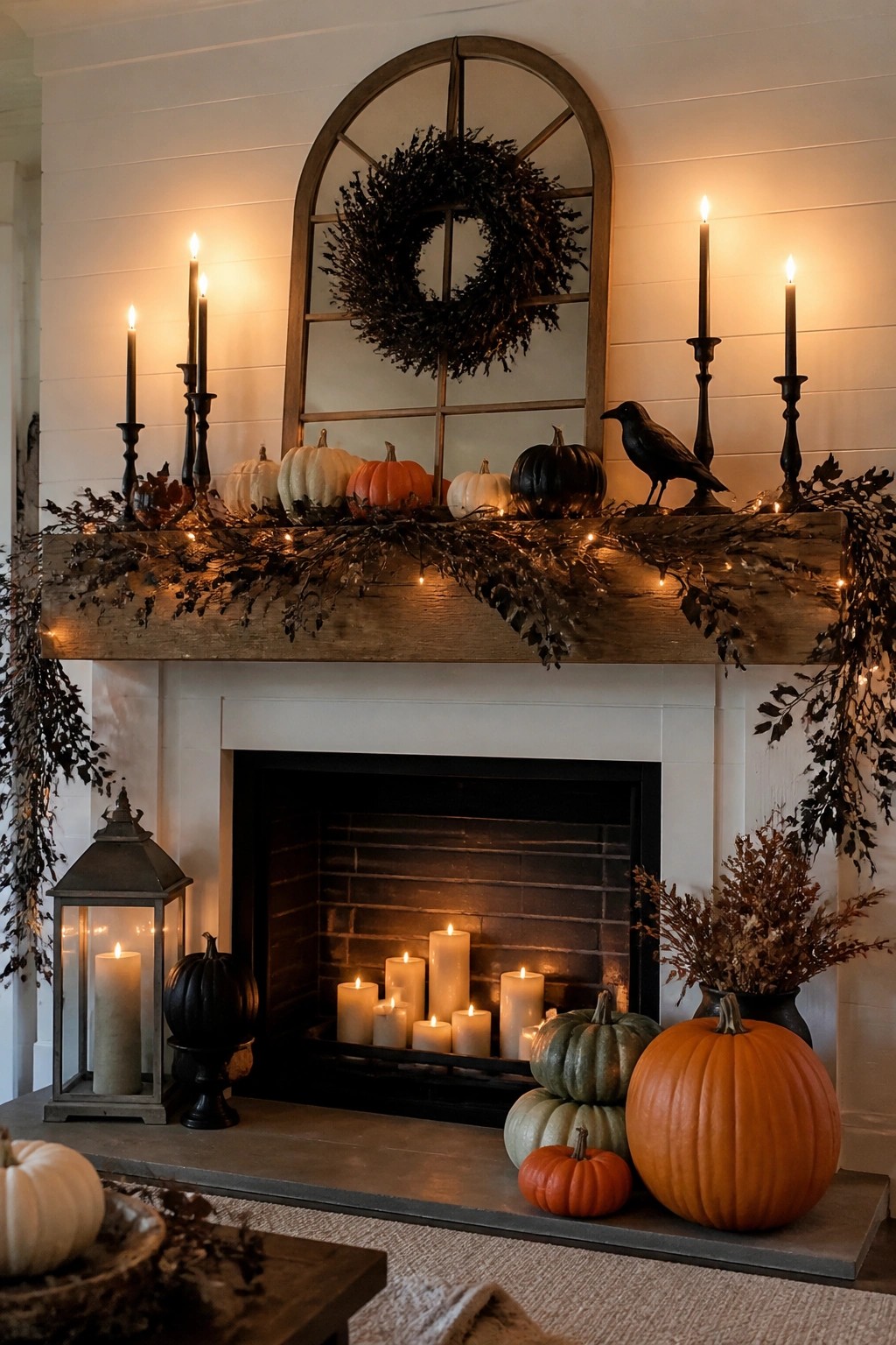Autumn fireplace mantel with pumpkins, candles, garland, black crow, and wreath.