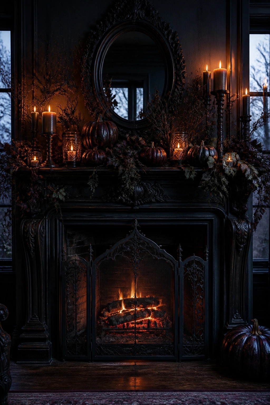 Ornate black fireplace with a mantel lined in dark branches, assorted pumpkins, and lit candles.