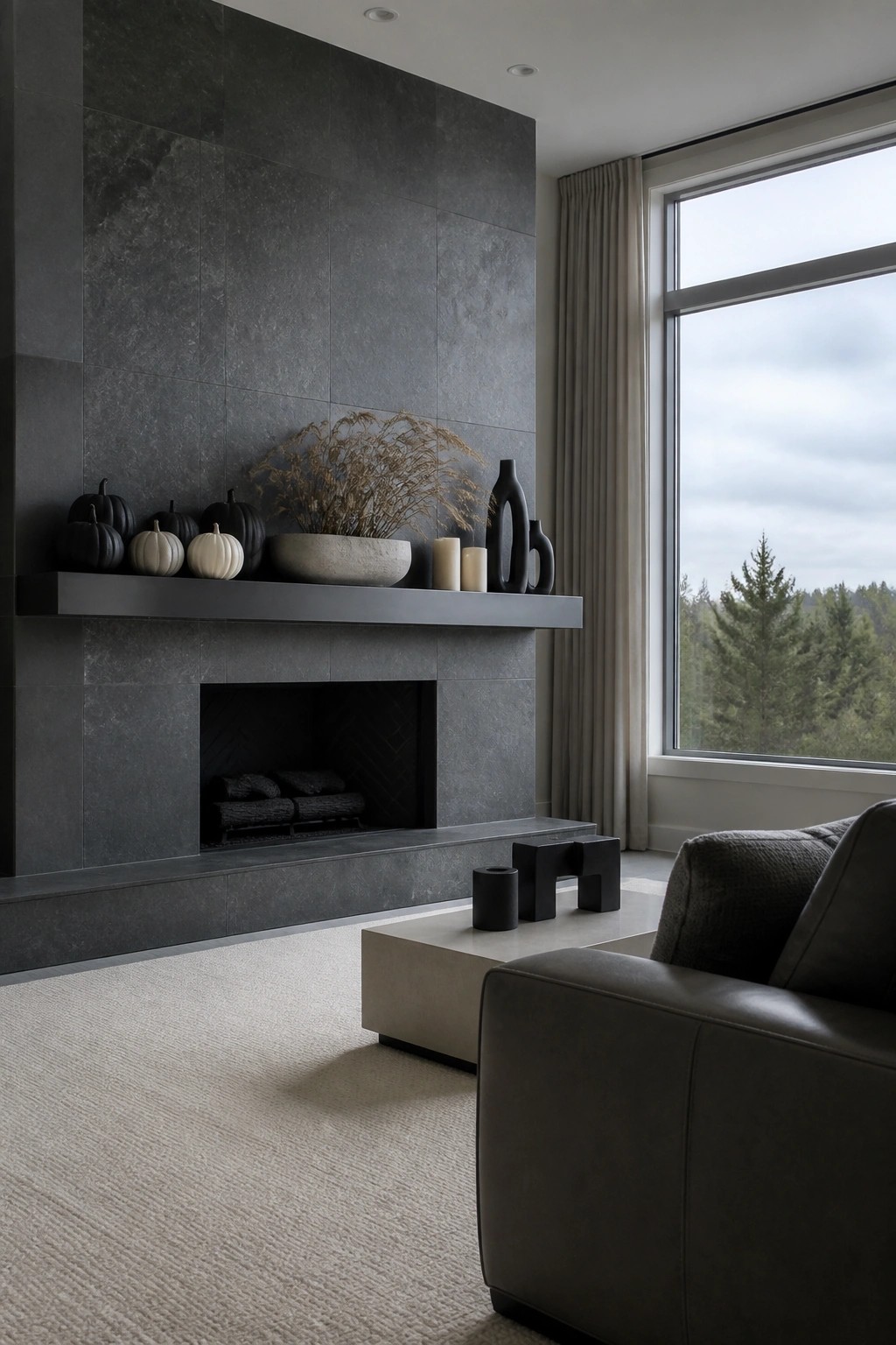 A dark tiled fireplace with a long floating mantel holds black and white pumpkins, dried grasses in a bowl, candles, and black vases, next to a large window overlooking trees.