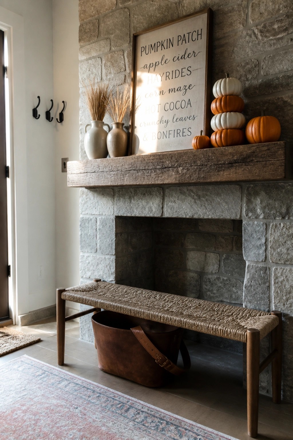 A stone fireplace mantel holds stacked orange and white pumpkins, a framed fall sign, and ceramic vases with dried grass.