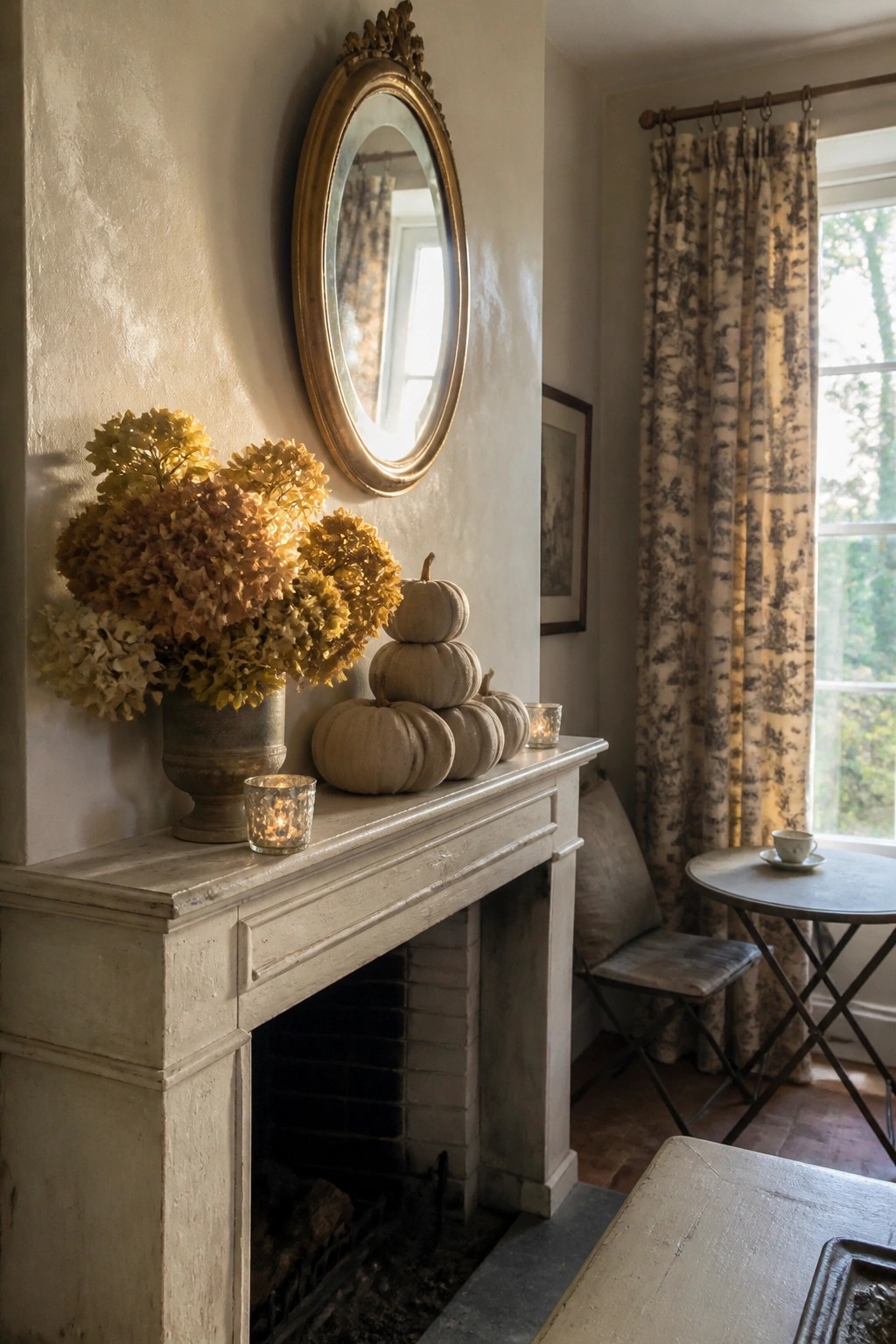 White fireplace mantel with stacked pumpkins, yellow hydrangeas, candles, and gold oval mirror.
