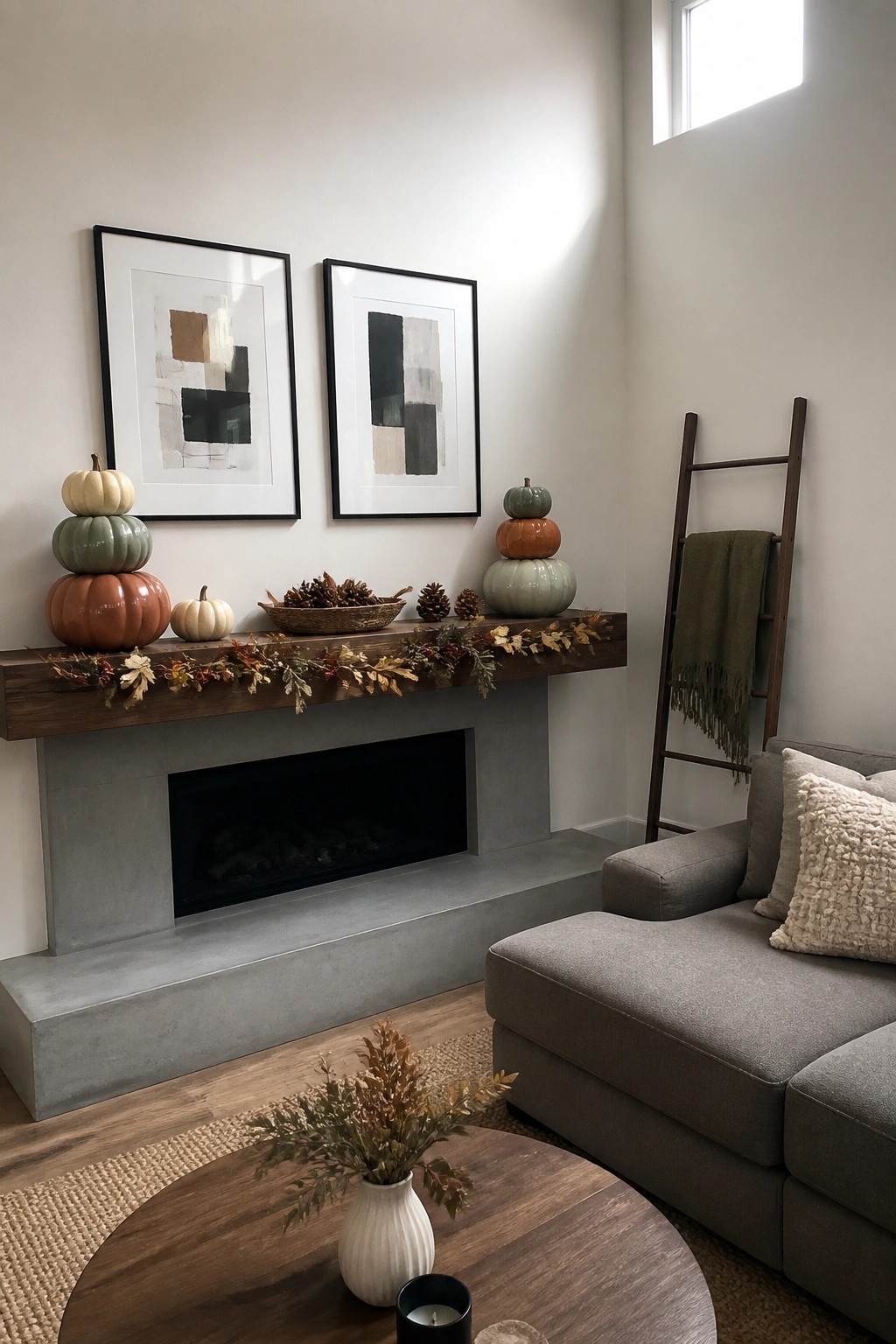 A concrete fireplace with a dark wood mantel holding stacked neutral pumpkins, a dried leaf garland, and a basket of pinecones, with two framed abstract prints above it.