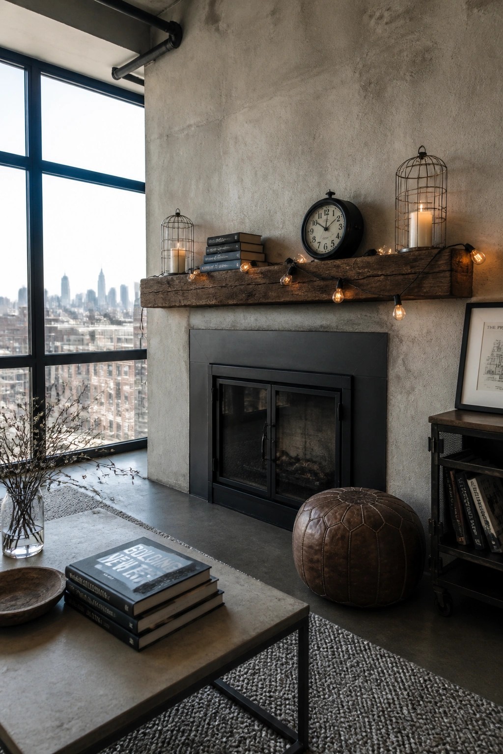 A concrete fireplace mantel holds stacked books, a round clock, candles in wire cages, and a strand of lit bulbs along its edge.