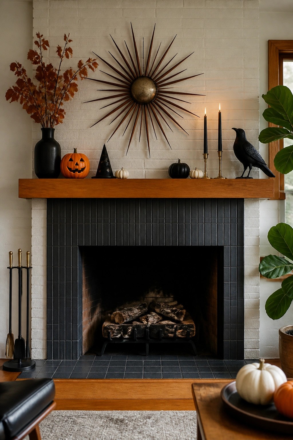 Halloween-decorated fireplace with pumpkins, candles, starburst art, and black bird statue