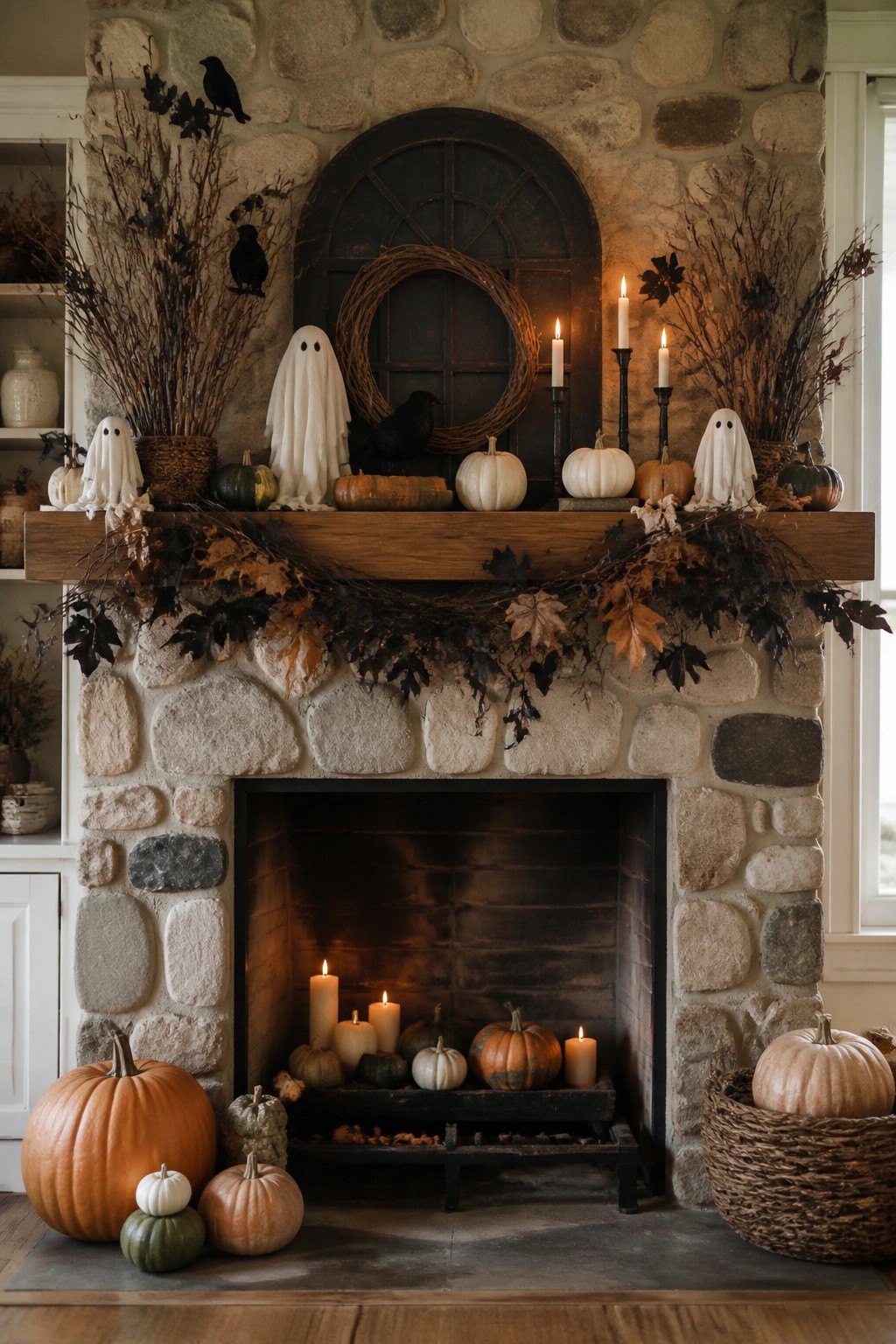 Stone fireplace mantel decorated with white fabric ghosts, black crows, a grapevine wreath, and lit candles.