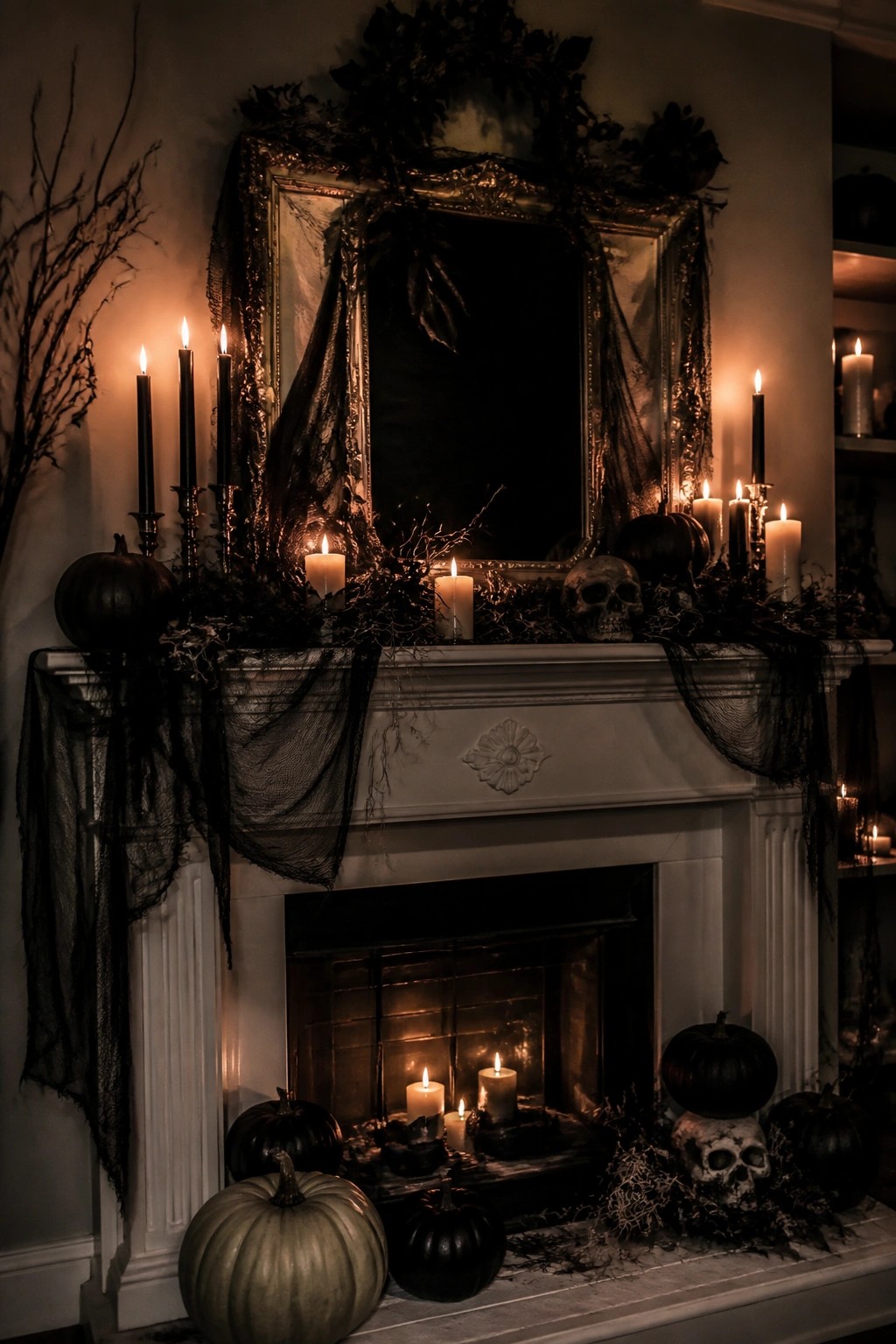 White fireplace mantel decorated for Halloween with black skulls, black taper candles, dark fabric, and pumpkins.