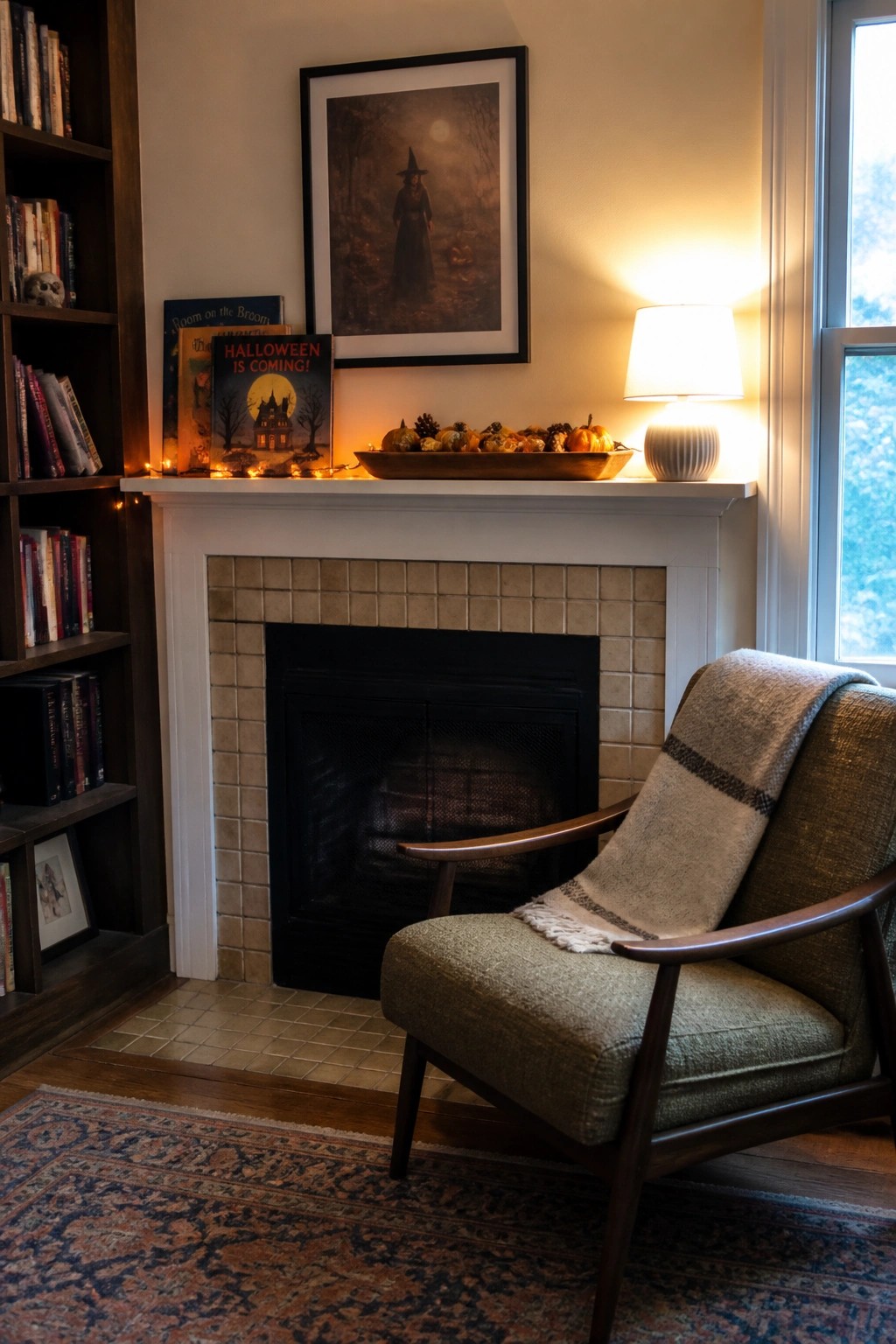 A white fireplace mantel holds string lights, several Halloween-themed books, and a wooden bowl filled with small pumpkins and pinecones, with a large framed witch print centered above the opening.