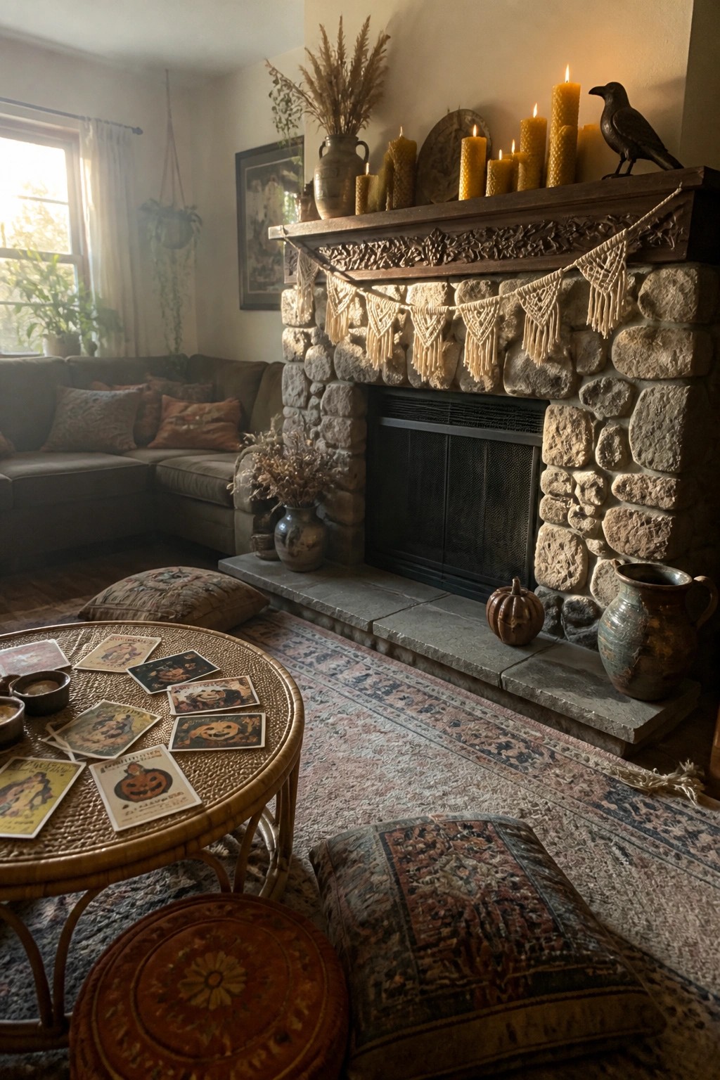 A stone fireplace with multiple lit beeswax candles of varying heights arranged on the wooden mantle, accented by a macrame garland and dried plants.