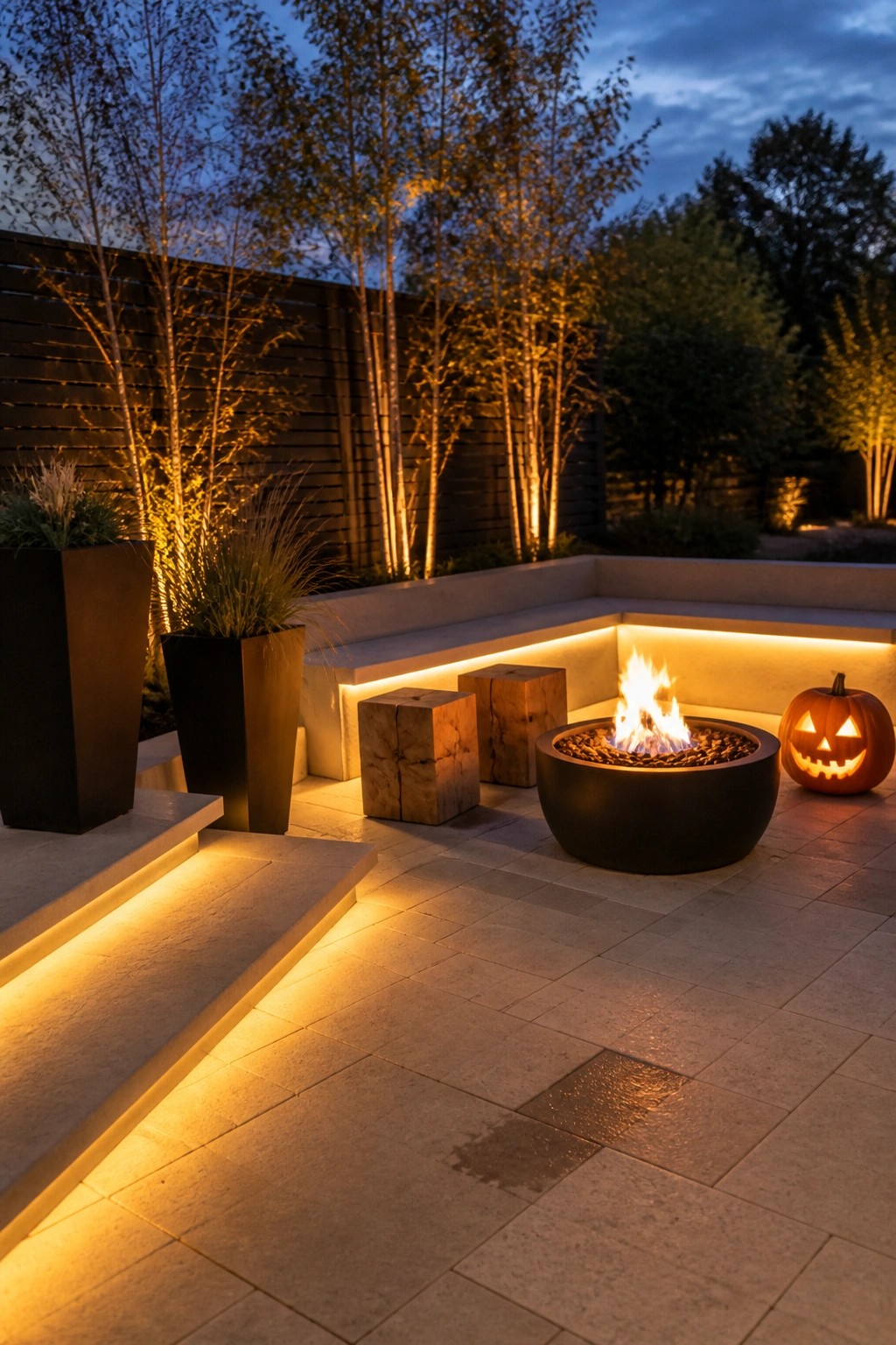 Modern patio with fire pit, jack-o'-lantern, and warm uplighting on trees at dusk