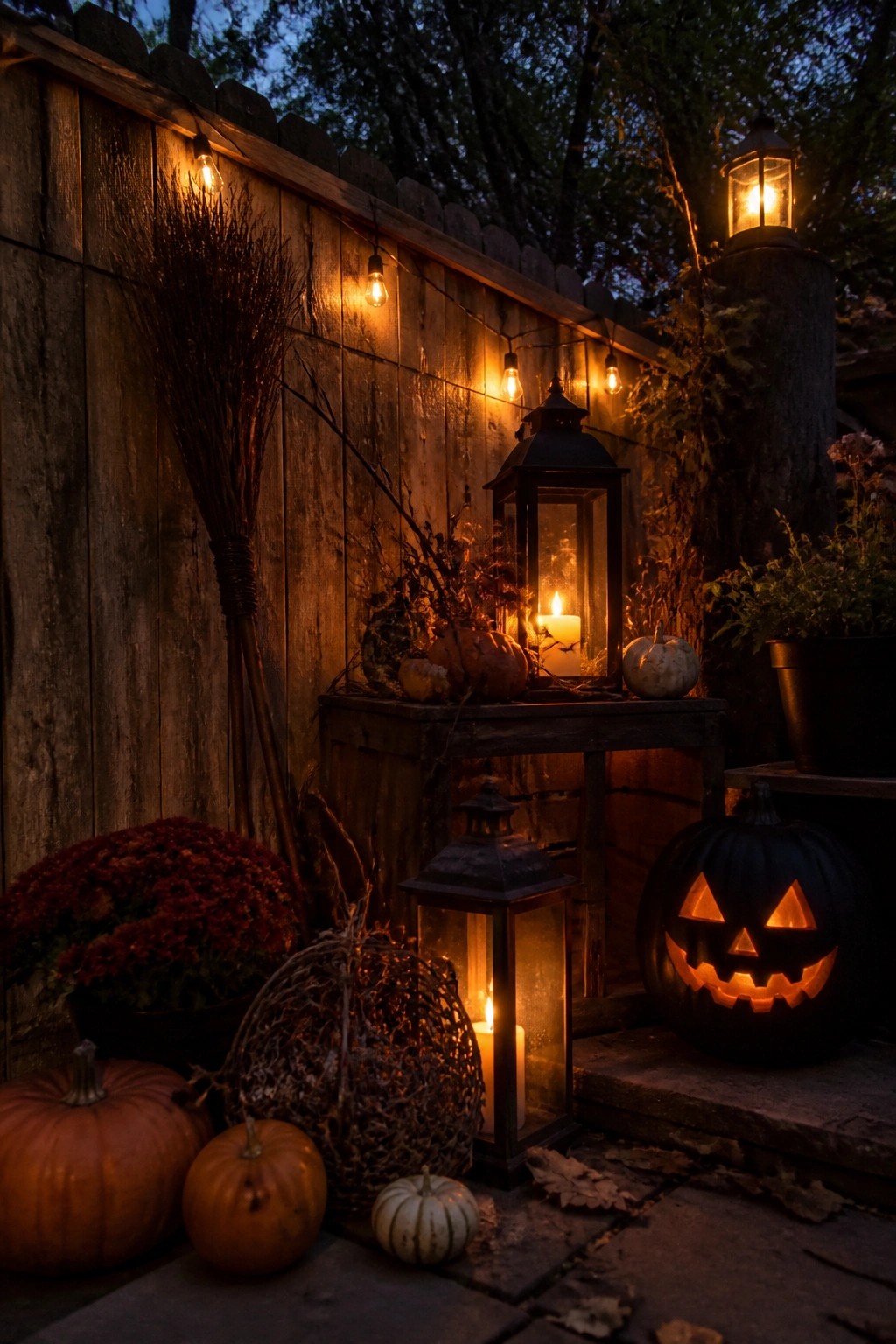 Glowing jack-o'-lantern, lanterns, pumpkins, broom, and string lights on wooden fence at dusk