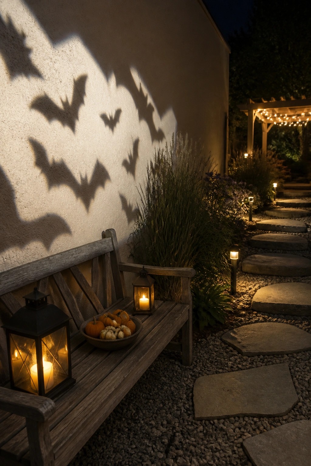 A wooden bench with two lit black lanterns and a bowl of small pumpkins sits against a stucco wall with bat shadows, next to a stone path lined with small lights.