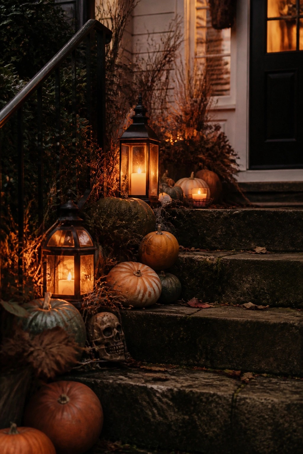 Stone front steps decorated with glowing black lanterns, orange and green pumpkins, and a skull at the base near the door.