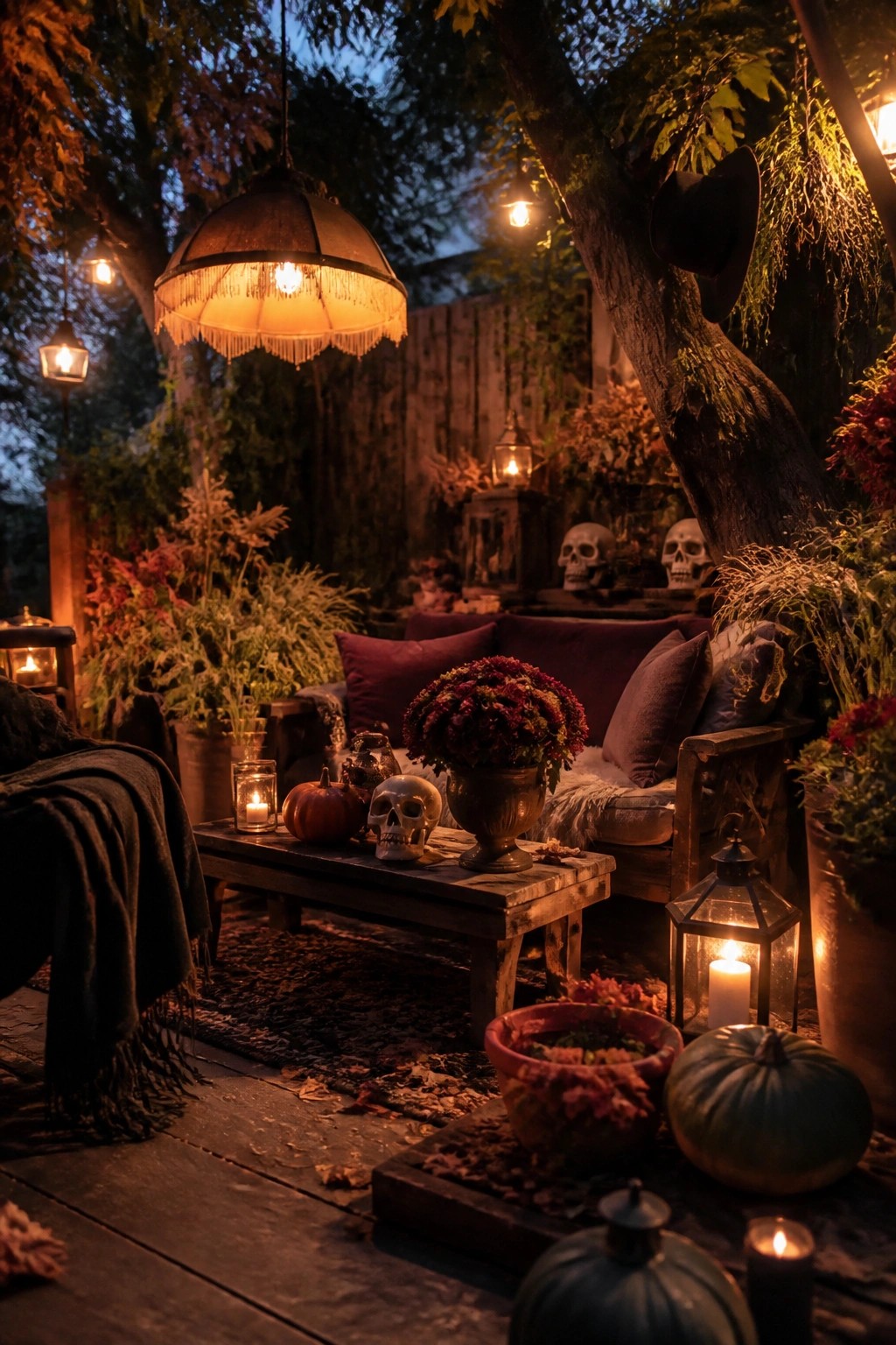 Wooden patio table holding skulls and pumpkins, surrounded by glowing lanterns and a hanging fringed lamp at dusk.