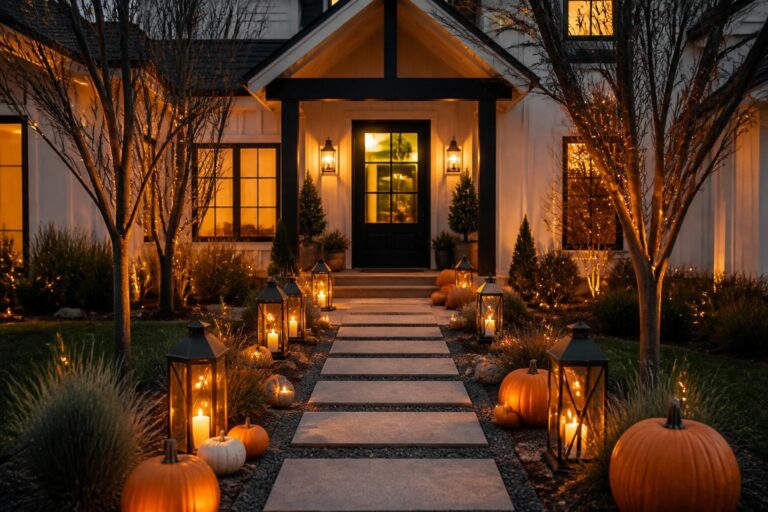 Halloween pumpkins and glowing lanterns line a stone path to a house entrance