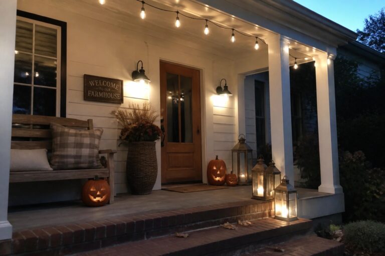 A white house porch at dusk with string lights along the eaves, two wall lanterns, several floor lanterns on the steps, and carved pumpkins near a wooden door.