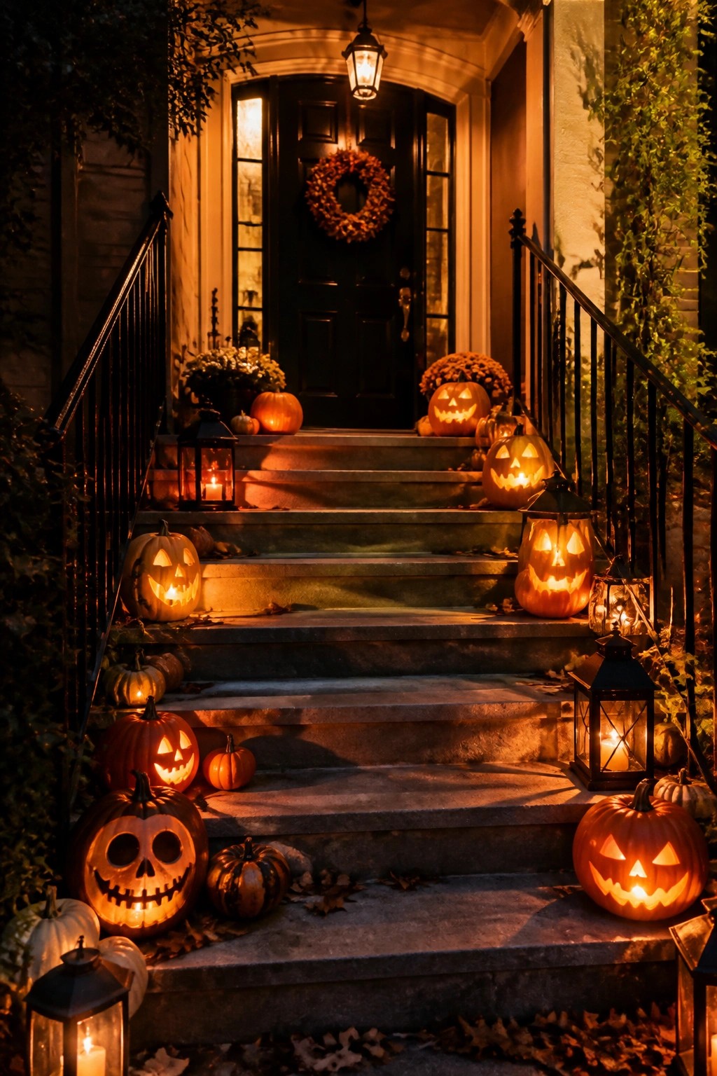 Front porch staircase lined with multiple lit jack o' lanterns and lanterns at night.