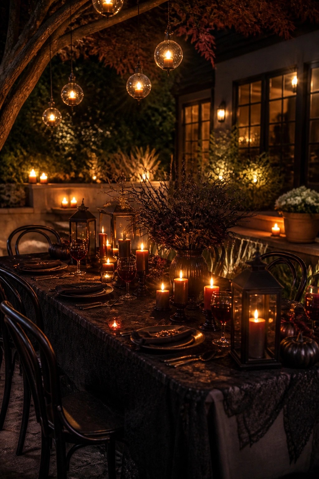 Outdoor patio dining table set for Halloween with black lace tablecloth, multiple lit lanterns, candles, dark branch centerpiece, and wine glasses.