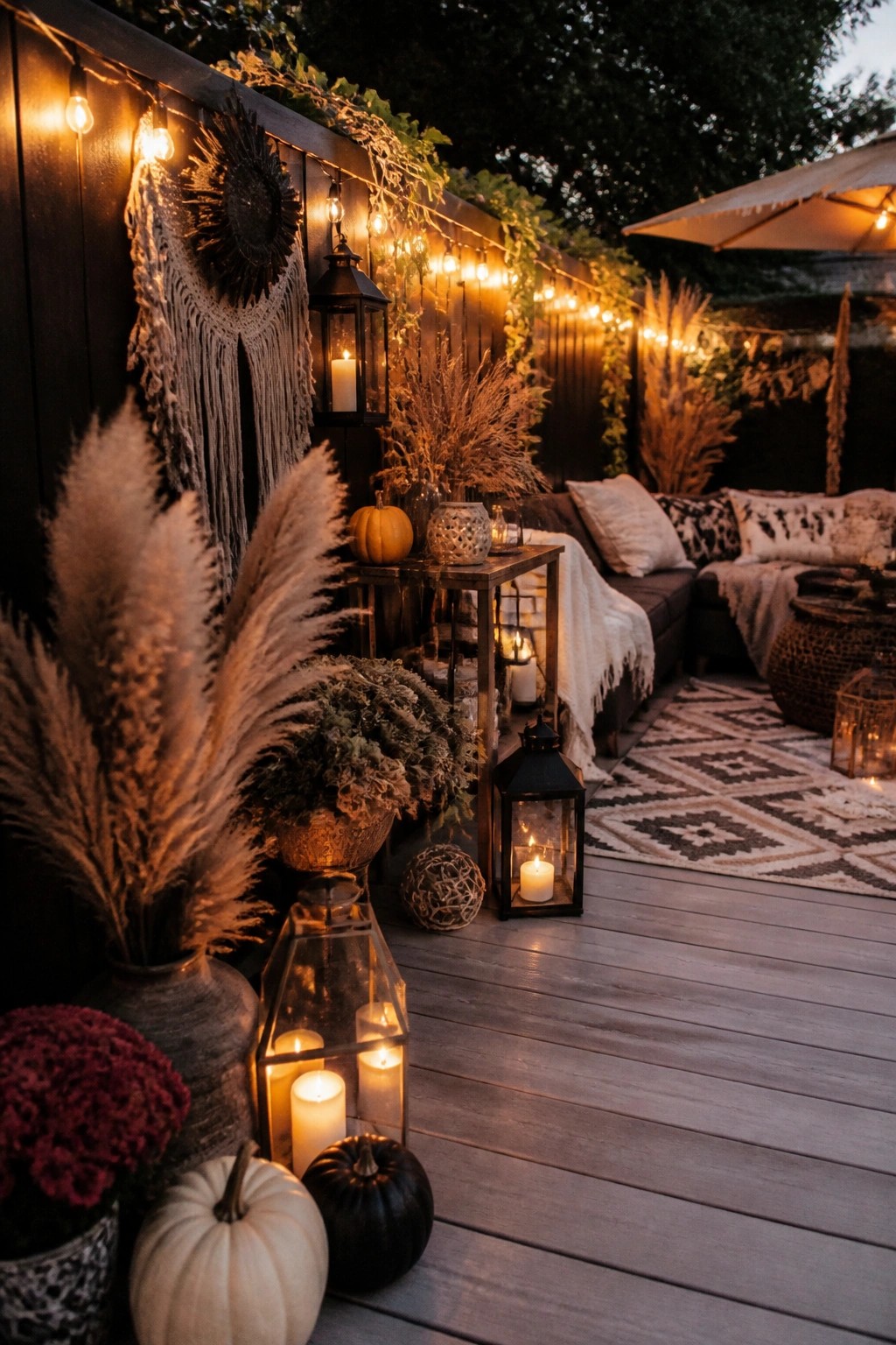 Outdoor wooden deck lined with multiple black candle lanterns, small pumpkins, and string lights along a dark wall.