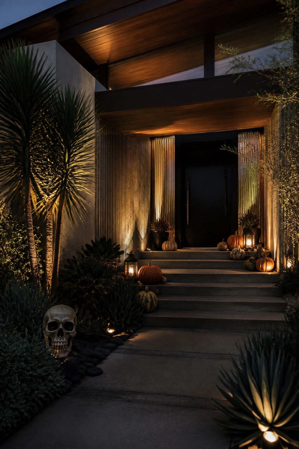 Front entry stairs lined with glowing pumpkins and lanterns, with a skull visible in the garden bed beside the walkway.