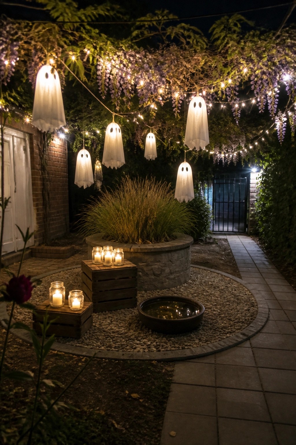 Ghost-shaped lanterns hanging from string lights above a garden path with candles on wooden crates and a stone planter at night.