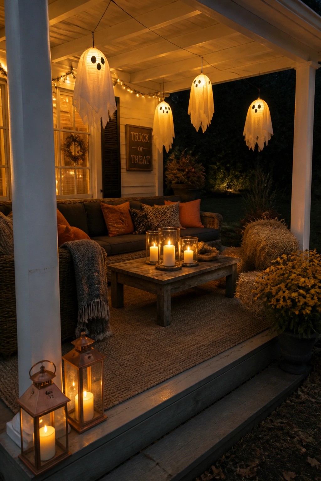 A covered porch at dusk with several illuminated ghost-shaped paper lanterns hanging from the ceiling, a sofa with pillows, a wooden coffee table holding candles in glass holders, and potted yellow flowers near hay bales.