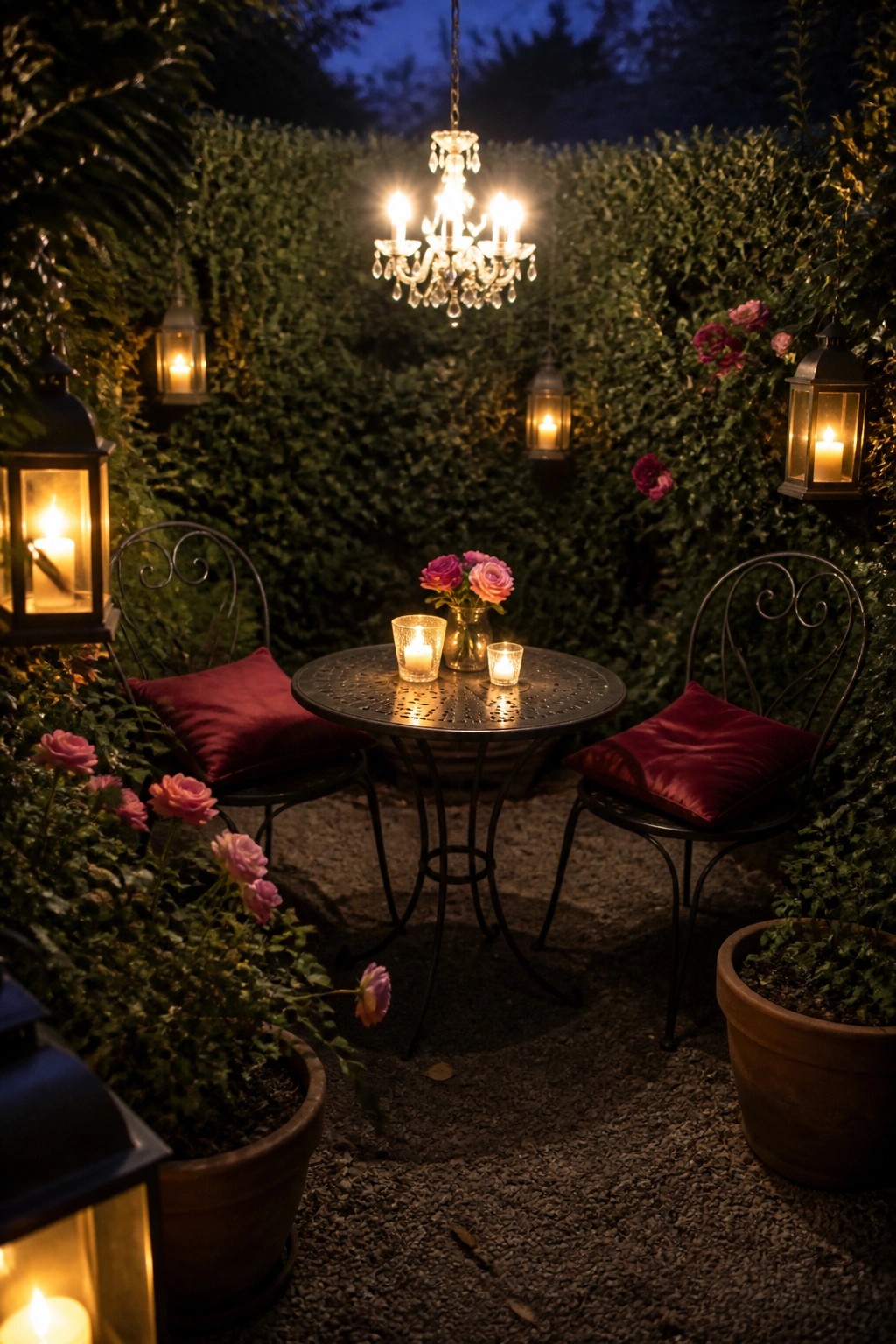 Romantic garden patio with glowing chandelier, lanterns, bistro table, red cushions, and roses.